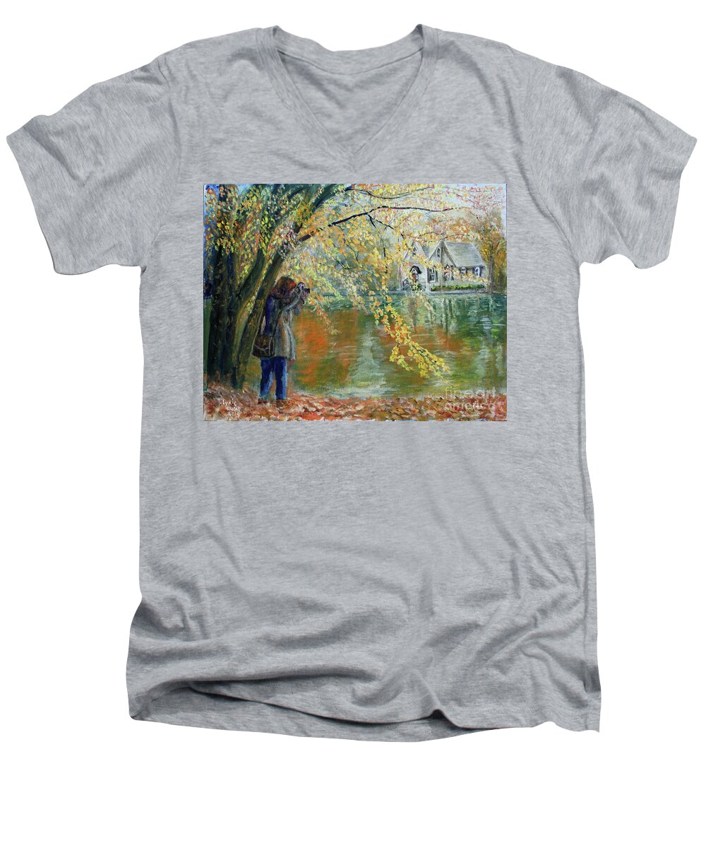 Landscape Men's V-Neck T-Shirt featuring the painting Capturing Lake Afton by Lyric Lucas