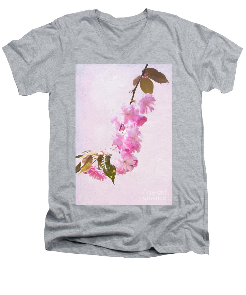 Kwanzan Cherry Blossoms Men's V-Neck T-Shirt featuring the photograph Cascading Kwanzan Cherry Blossoms by Anita Pollak