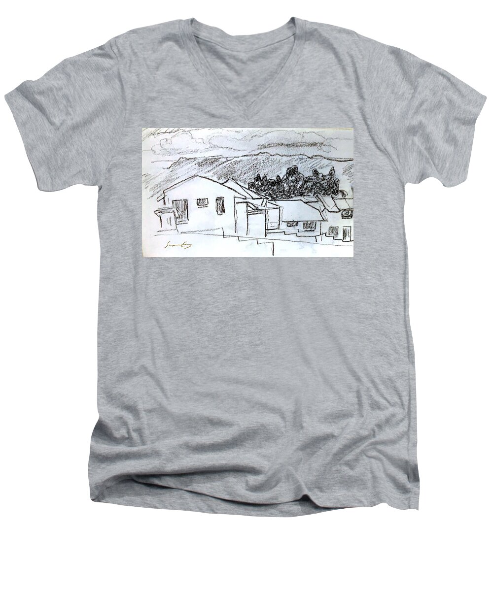 Charcoal Men's V-Neck T-Shirt featuring the painting Charcoal Pencil Houses.jpg by Suzanne Giuriati Cerny