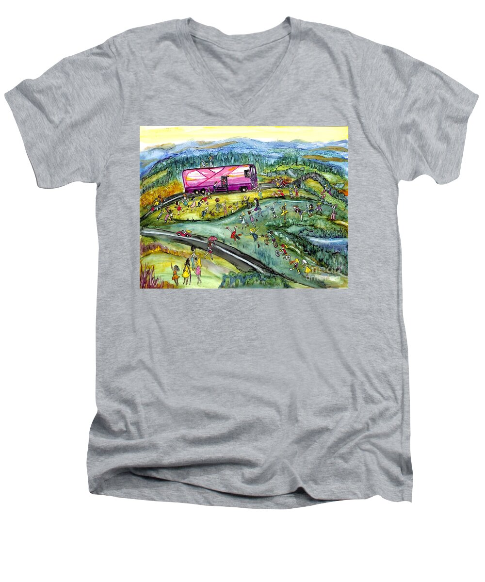 Pink Bus Men's V-Neck T-Shirt featuring the painting Chasing the Pink Bus by Patty Donoghue