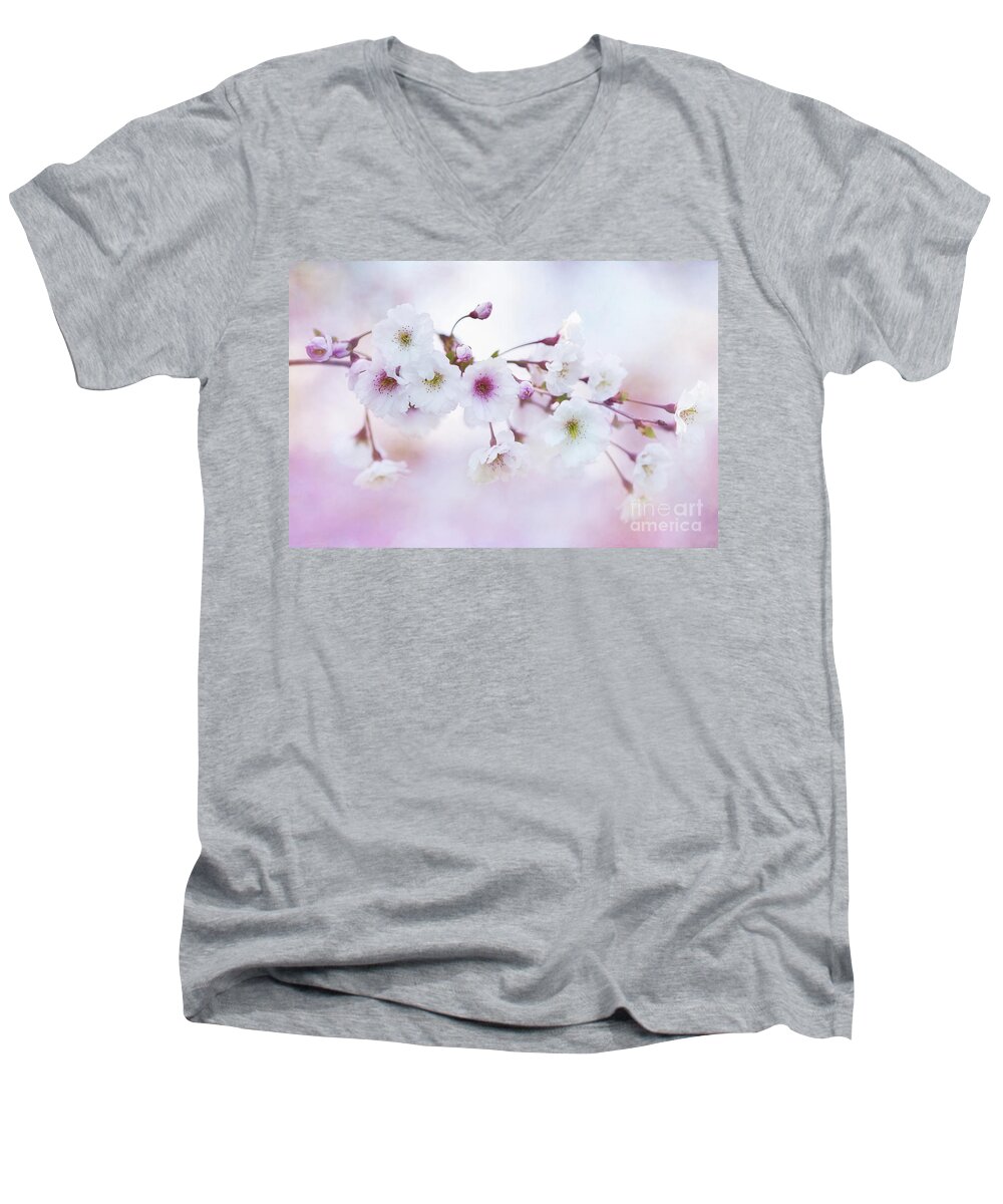 Cherry Blossoms Men's V-Neck T-Shirt featuring the photograph Cherry Blossoms in Pastel Pink by Anita Pollak