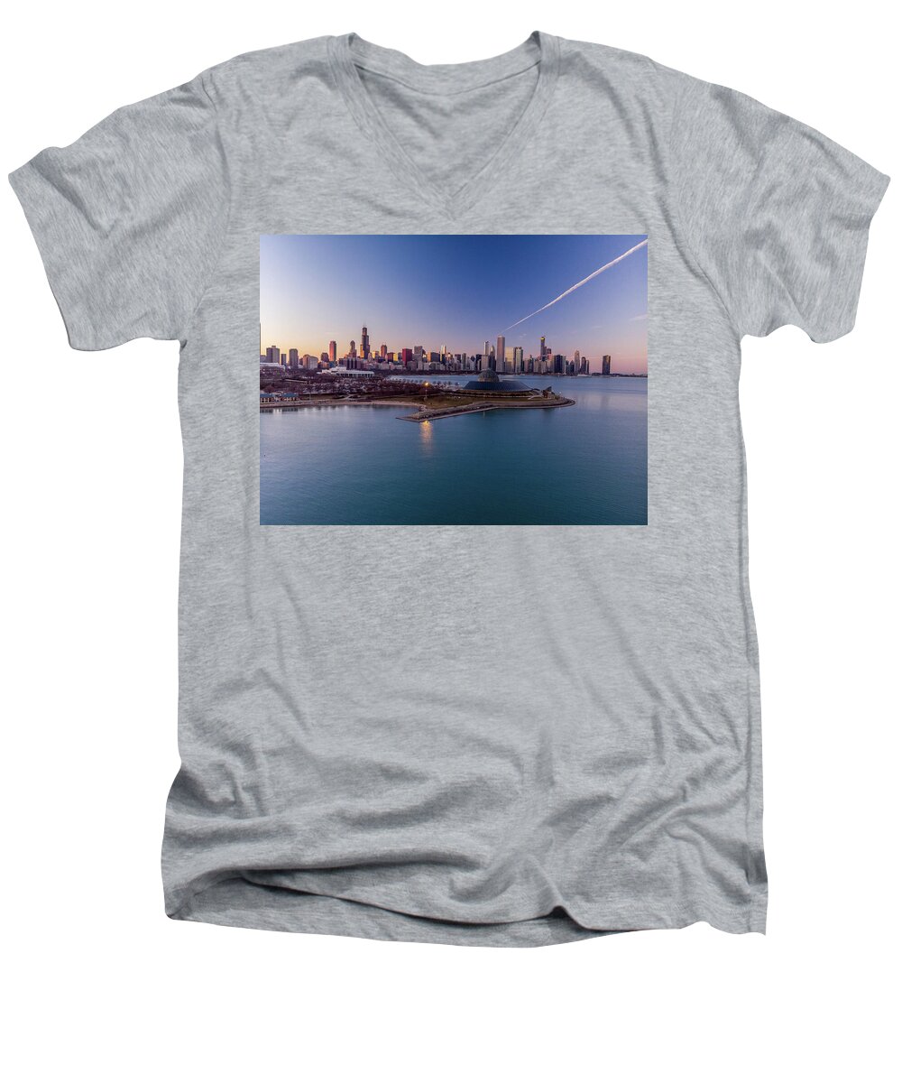 Chicago Men's V-Neck T-Shirt featuring the photograph Chicago Skyline over Planetarium by Bobby K