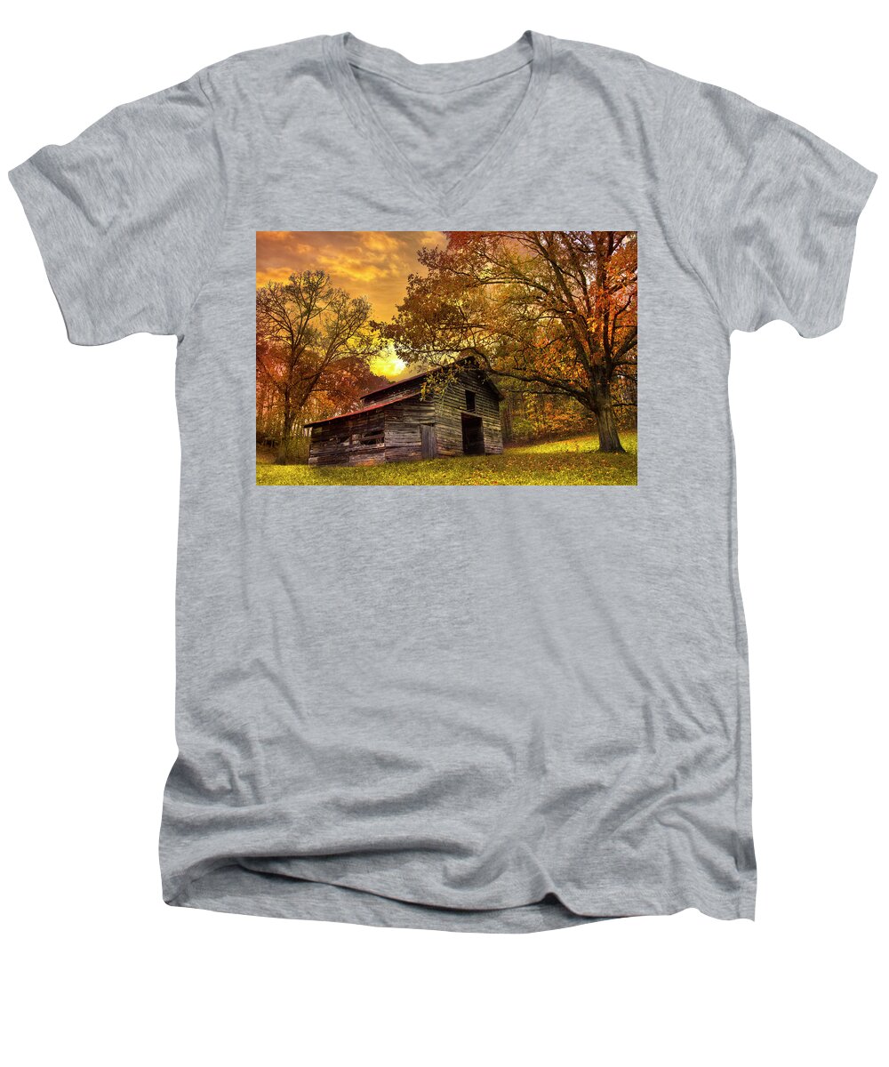 Appalachia Men's V-Neck T-Shirt featuring the photograph Chill of an Early Fall by Debra and Dave Vanderlaan