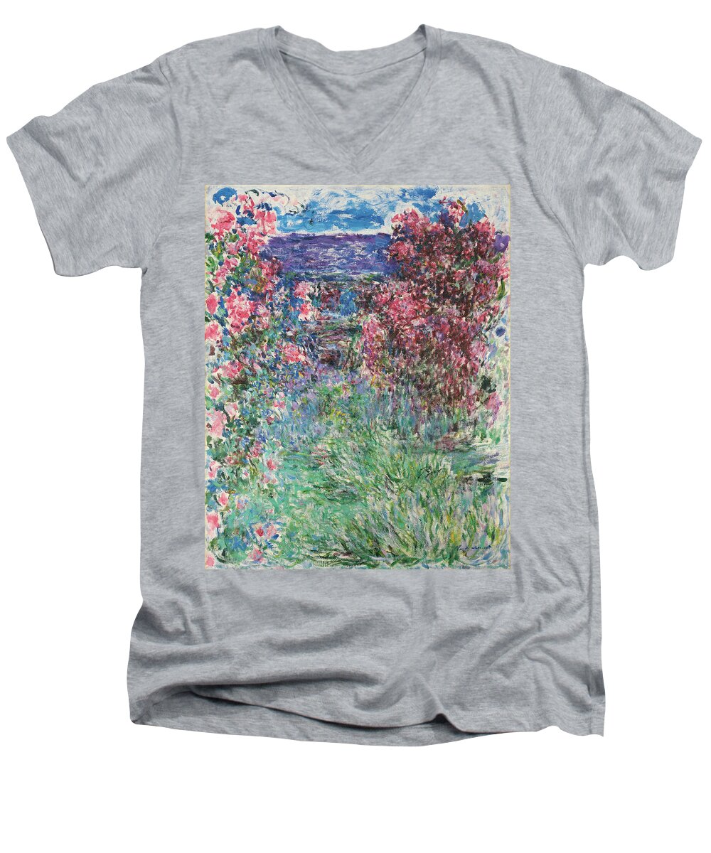 Canvas Men's V-Neck T-Shirt featuring the painting Claude Monet -Paris, 1840-Giverny, 1926-. The House among the Roses -1925-. Oil on canvas. 92.3 x... by Claude Monet -1840-1926-