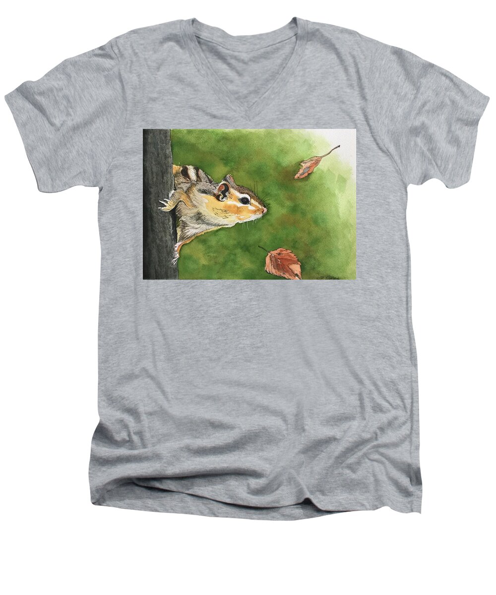 Chipmunk Men's V-Neck T-Shirt featuring the mixed media Clinging On To Fall by Sonja Jones