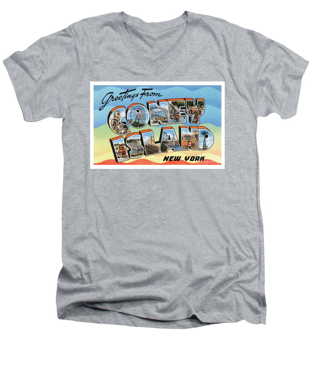 Coney Island Men's V-Neck T-Shirt featuring the photograph Coney Island Greetings - Version 2 by Mark Miller