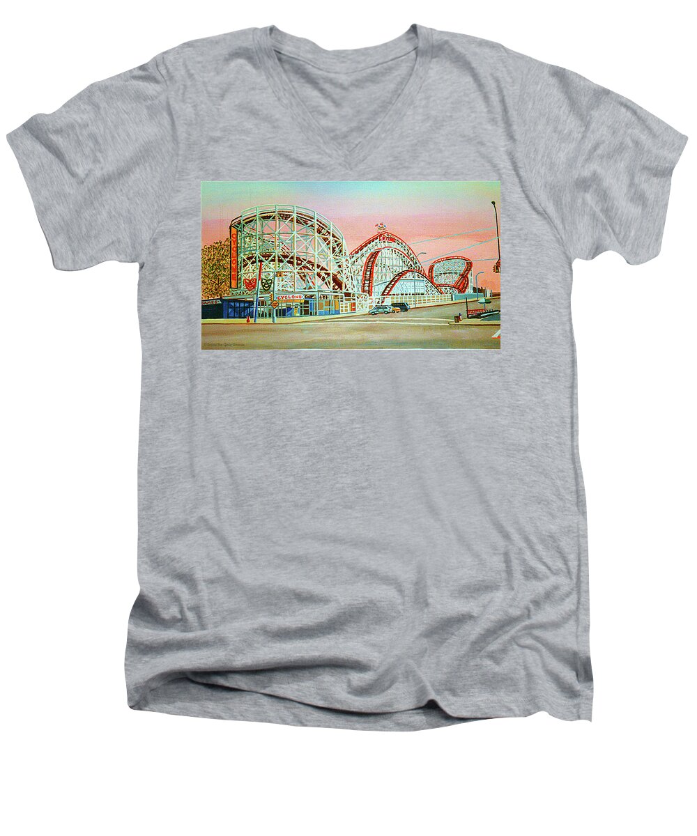  Men's V-Neck T-Shirt featuring the painting Cyclone Rollercoaster by Bonnie Siracusa