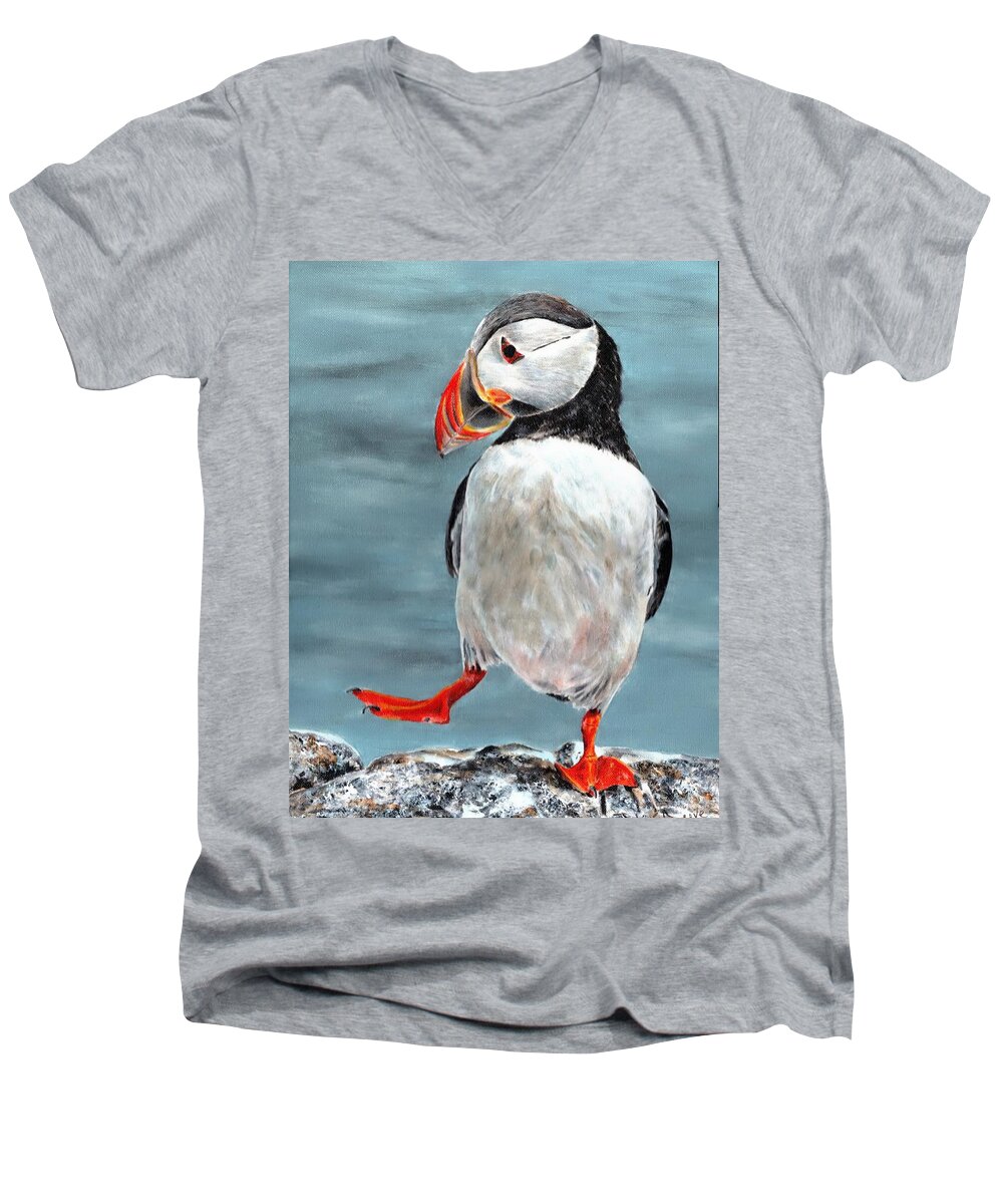 Puffin Men's V-Neck T-Shirt featuring the painting Dancing Puffin by John Neeve