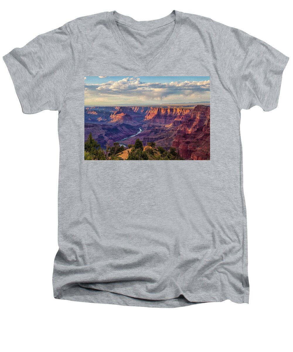 Grand Canyon Men's V-Neck T-Shirt featuring the photograph Day's End at Desert View Watch Tower by Marisa Geraghty Photography