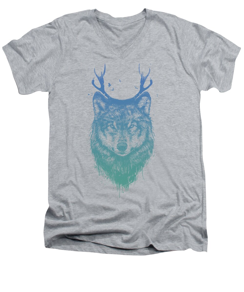 Wolf Men's V-Neck T-Shirt featuring the mixed media Deer wolf by Balazs Solti