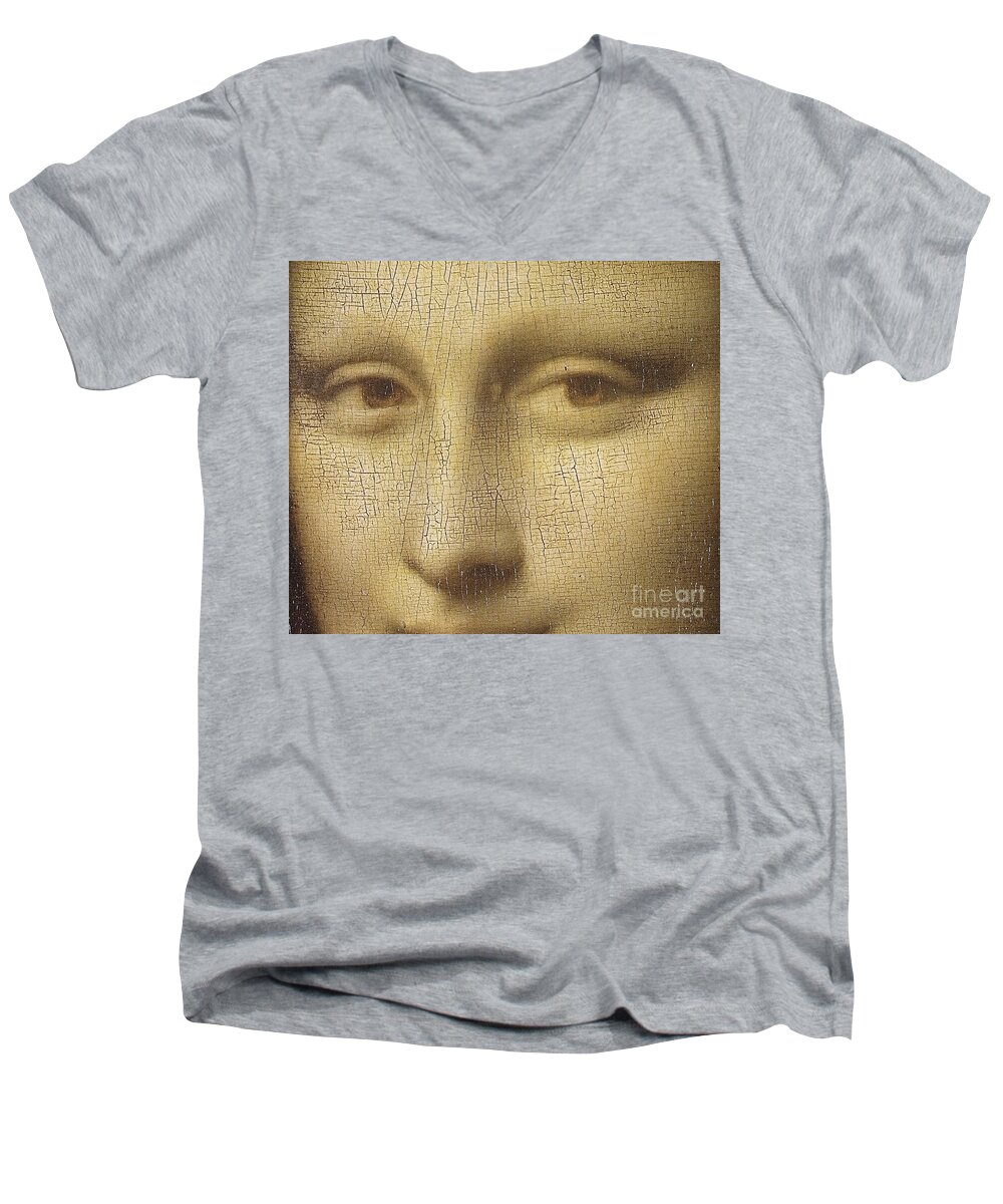 Leonardo Da Vinci Men's V-Neck T-Shirt featuring the painting Detail Of The Mona Lisa By Da Vinci by Leonardo Da Vinci