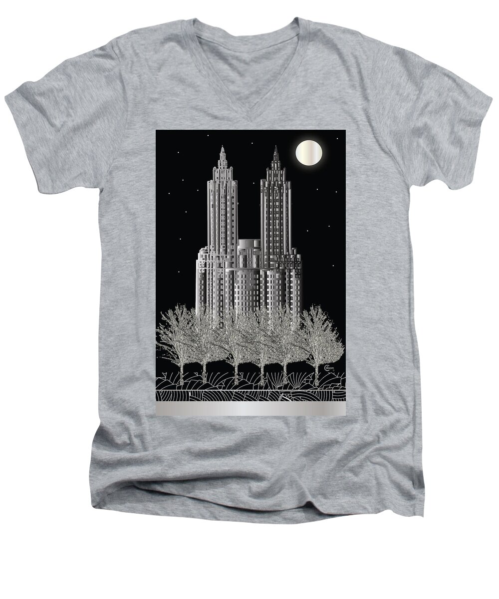 The San Remo Winter’s Night Men's V-Neck T-Shirt featuring the drawing Silver San Remo Building New York City by Cecely Bloom