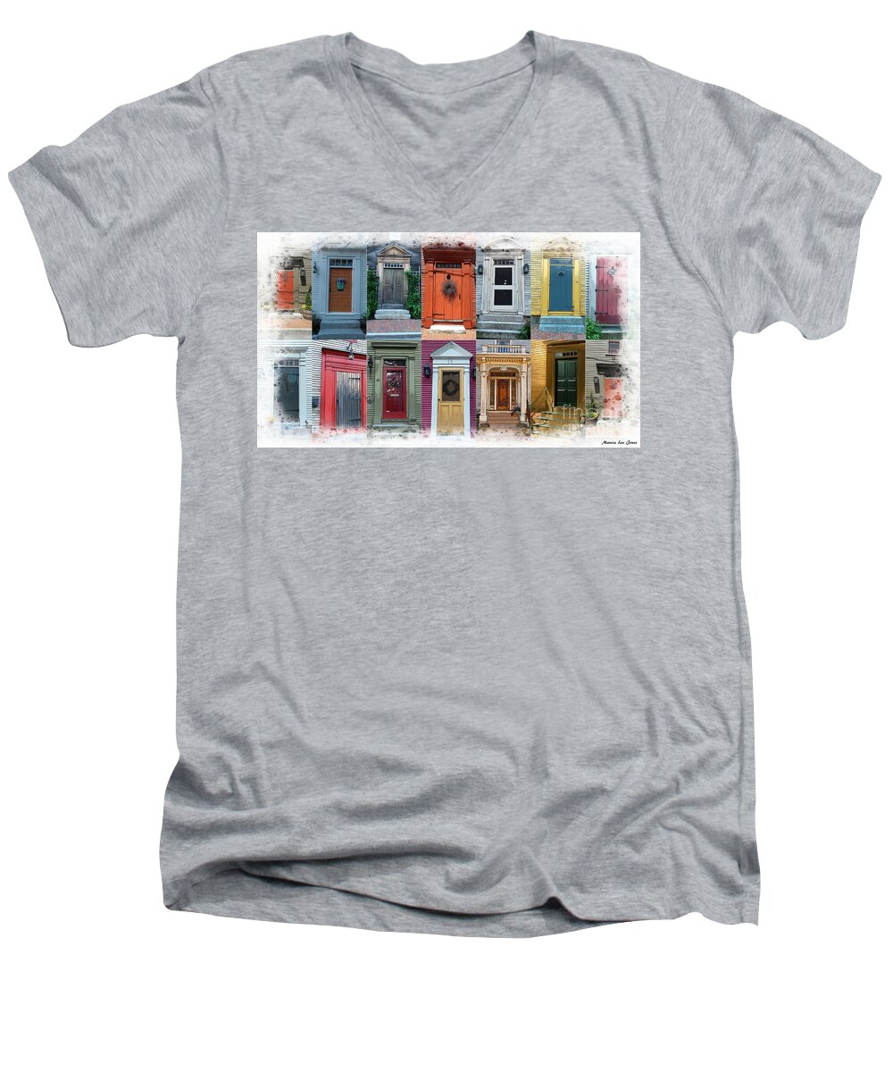 Marcia Lee Jones Men's V-Neck T-Shirt featuring the photograph Doors of Portsmouth, Nh by Marcia Lee Jones