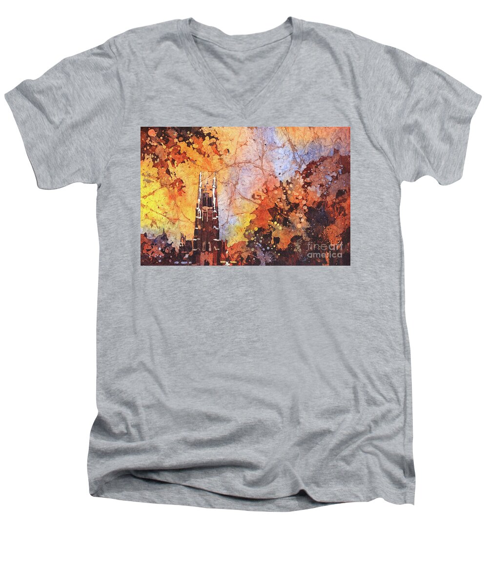 Fine Art Painting Men's V-Neck T-Shirt featuring the painting Duke Chapel sunset by Ryan Fox