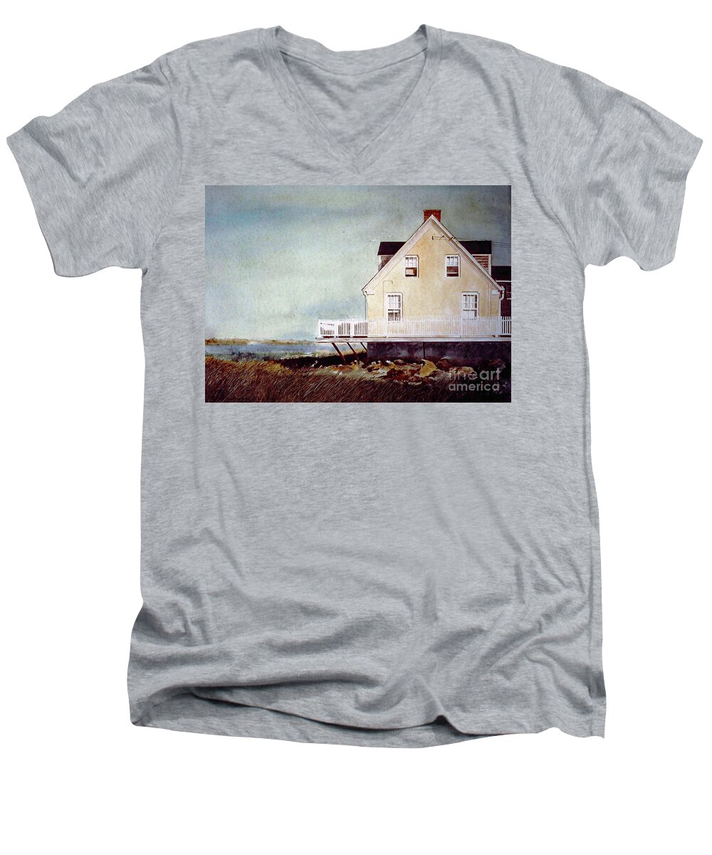 A Yellow Beach House Sets At The Edge Of A Salt Marsh East Of Newberry Port Men's V-Neck T-Shirt featuring the painting East Of Newberry Port by Monte Toon