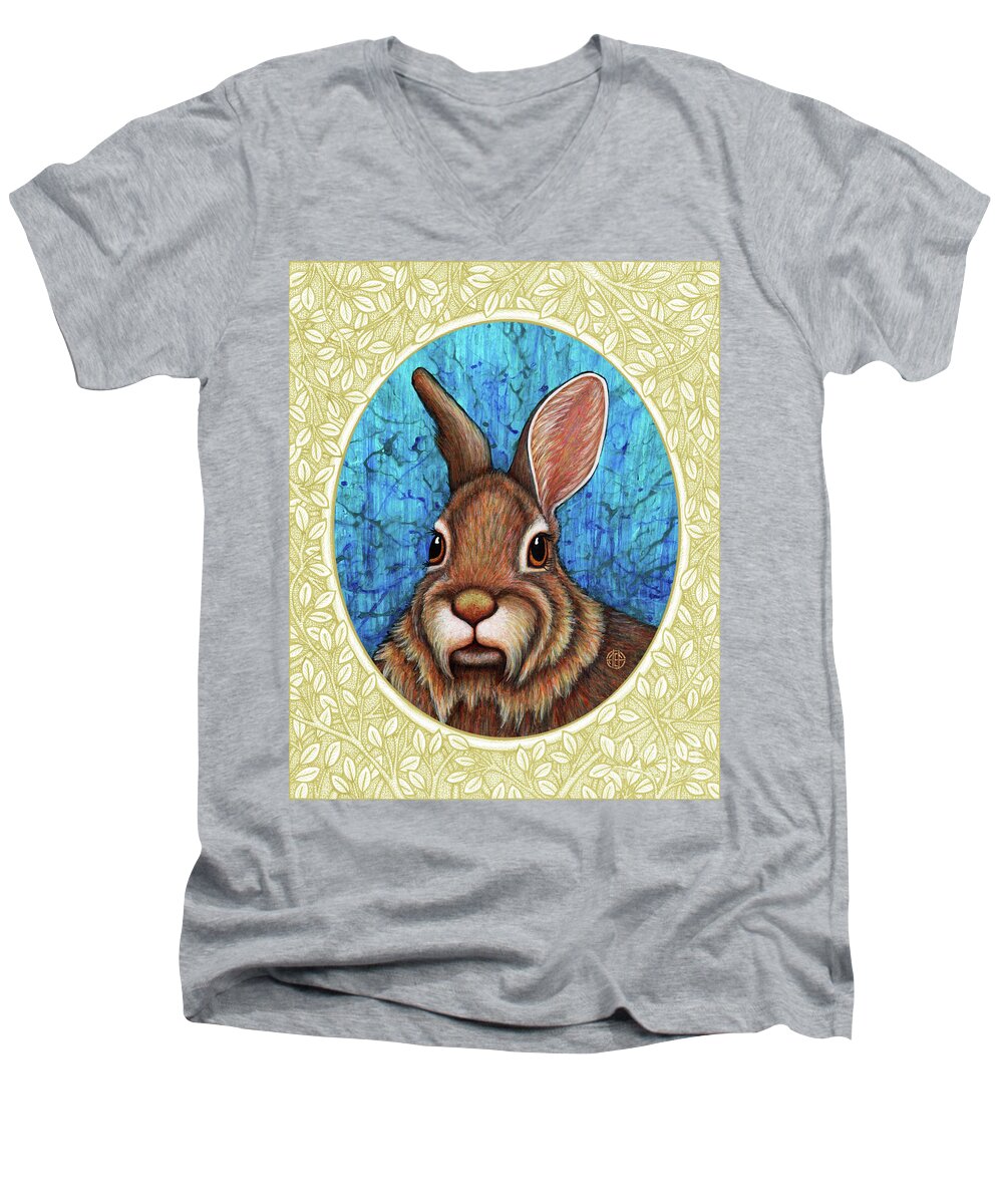 Animal Portrait Men's V-Neck T-Shirt featuring the painting Eastern Cottontail Portrait - Cream Border by Amy E Fraser