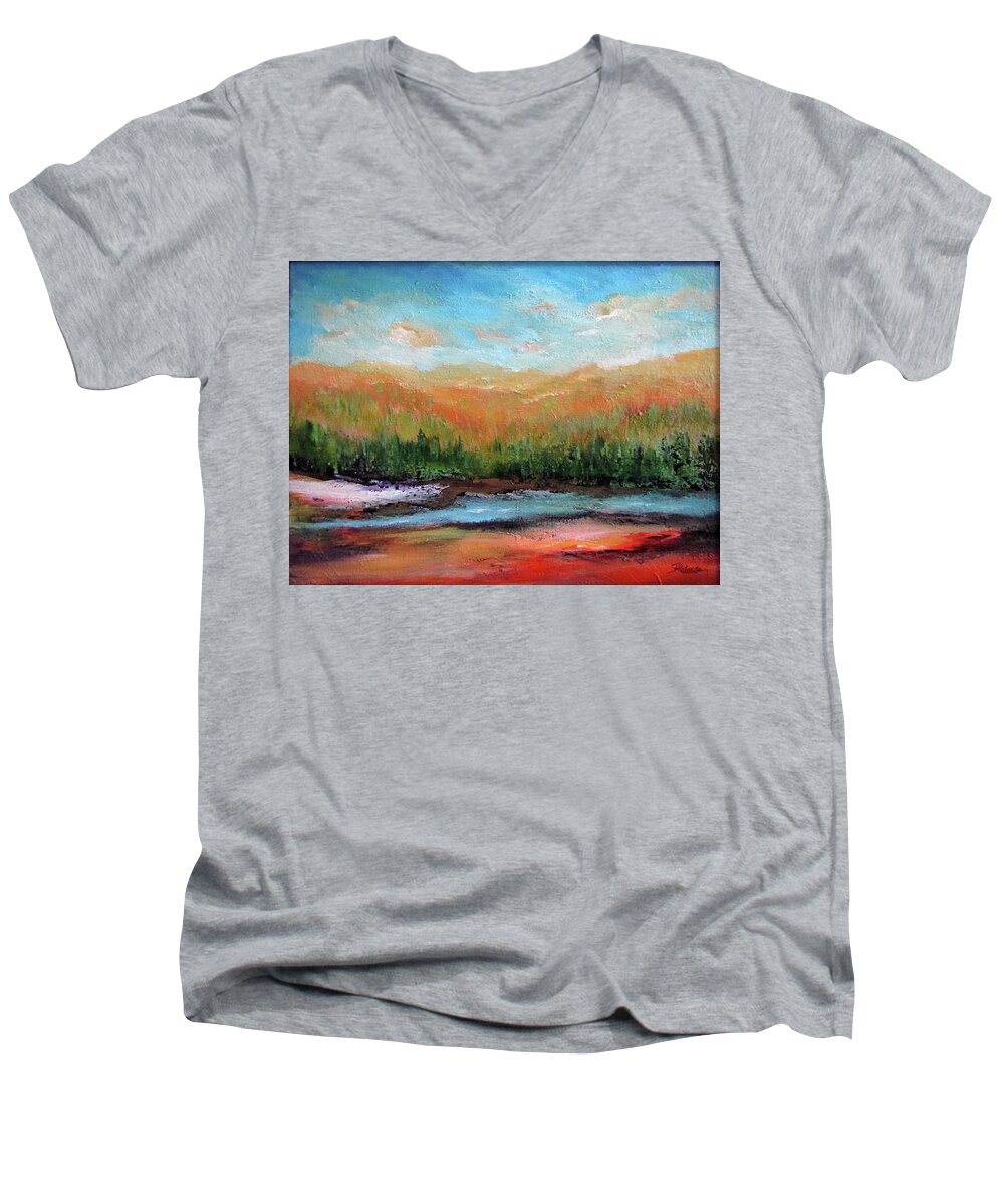 Landscape Men's V-Neck T-Shirt featuring the painting Edged Habitat by Roberta Rotunda