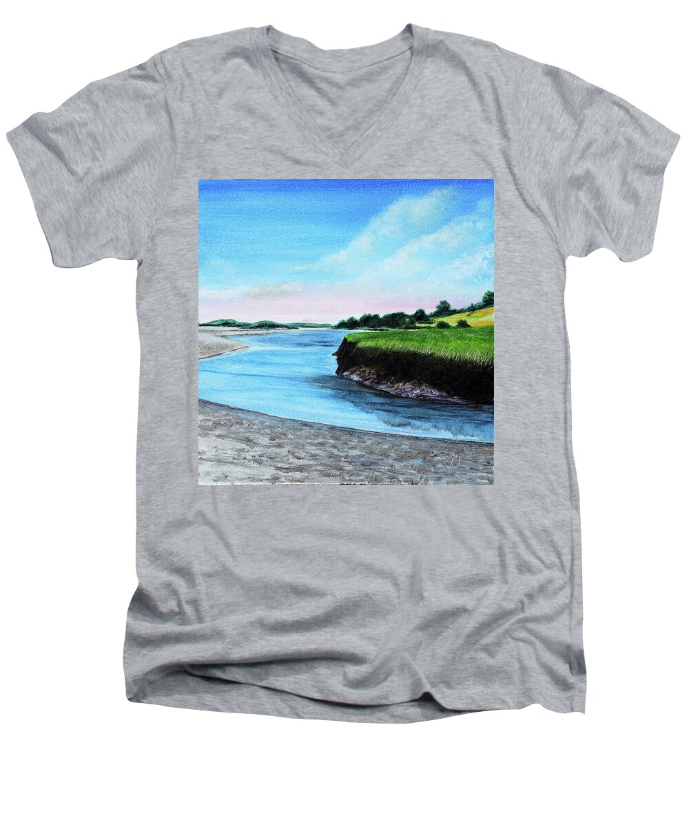 Estuary Men's V-Neck T-Shirt featuring the painting Essex River South Ipswich by Paul Gaj