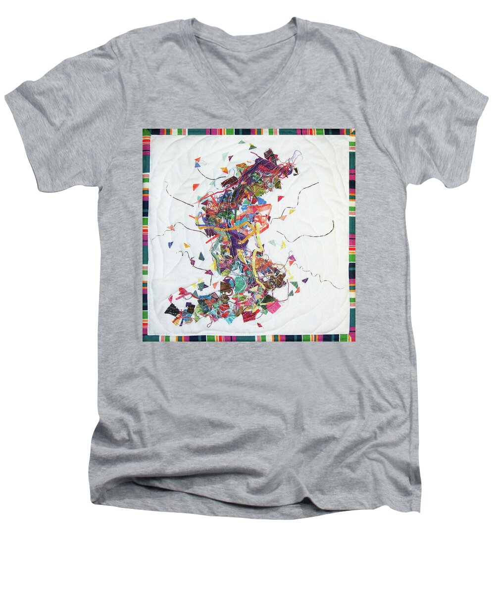 Art Quilt Men's V-Neck T-Shirt featuring the tapestry - textile Etude in Fabric by Pam Geisel