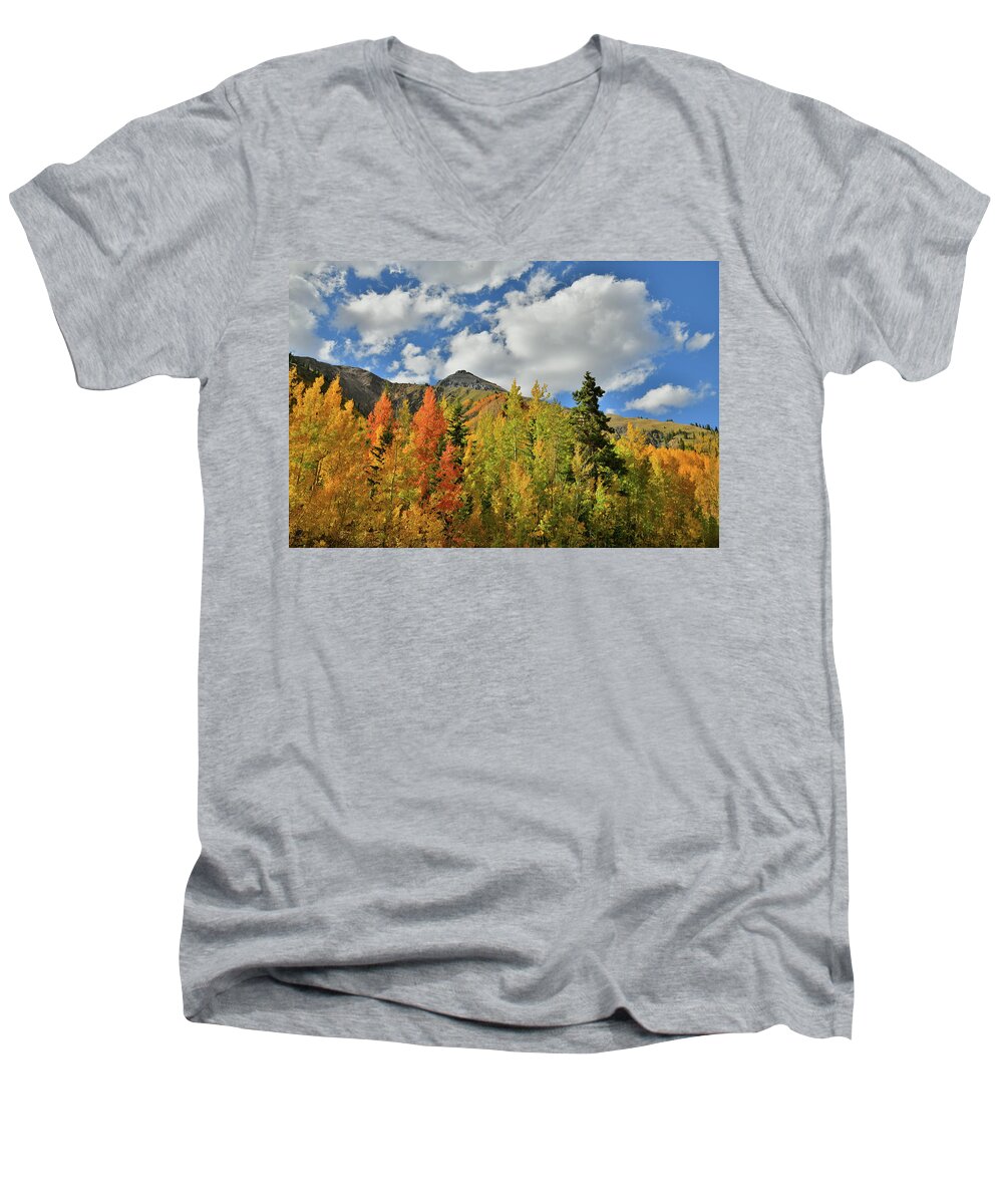 Colorado Men's V-Neck T-Shirt featuring the photograph Fall Colored Aspens Bask in Sun at Red Mountain Pass by Ray Mathis