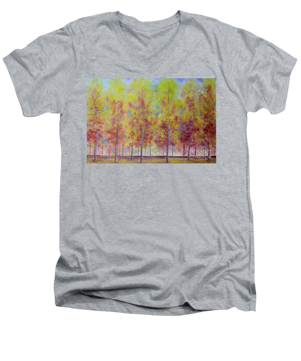 Fall Men's V-Neck T-Shirt featuring the painting Fall's Glory by Stacey Zimmerman