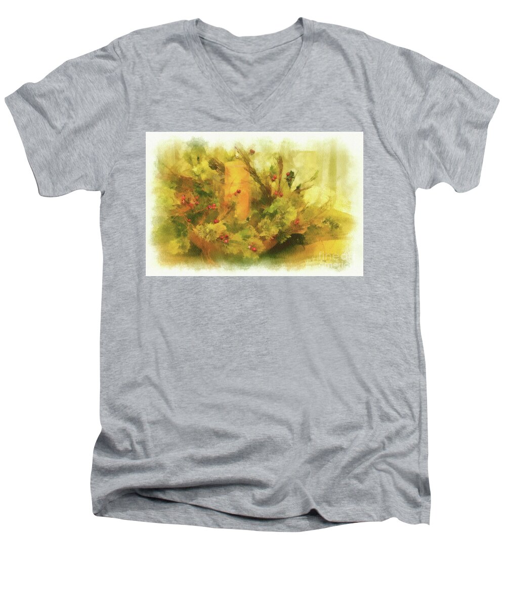 Candle Men's V-Neck T-Shirt featuring the digital art Festive Holiday Candle by Lois Bryan