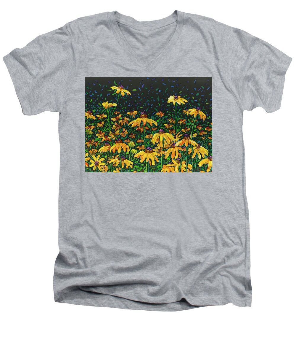 Flowers Men's V-Neck T-Shirt featuring the painting Floral Interpretation - Black-Eyed Susans by James W Johnson
