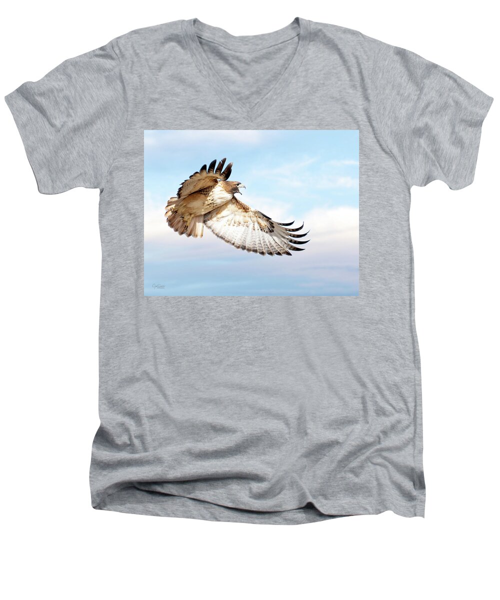 Red-tailed Hawk Men's V-Neck T-Shirt featuring the photograph Flying Red-tailed Hawk by Judi Dressler