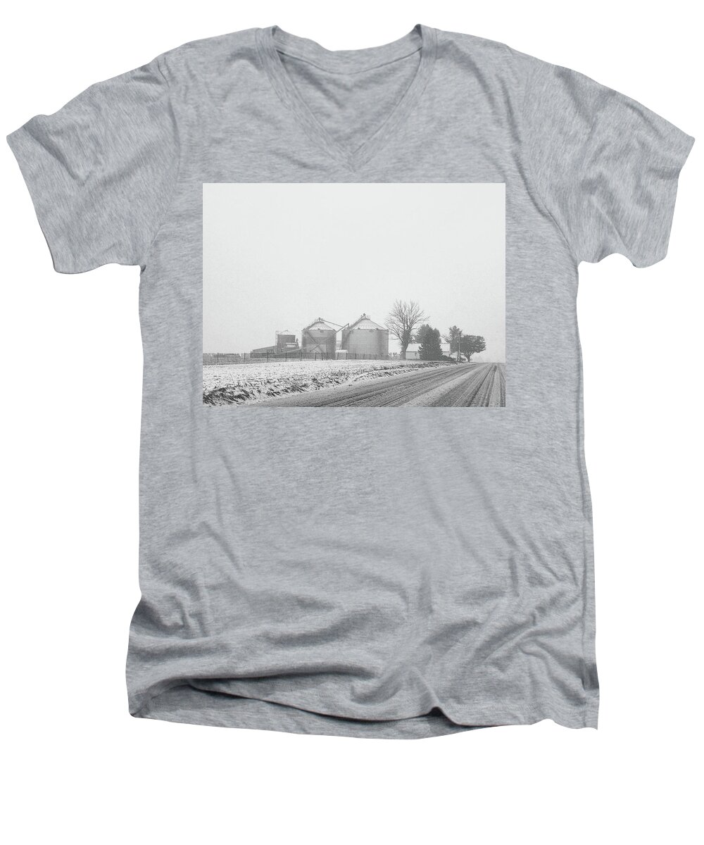 Farm Men's V-Neck T-Shirt featuring the photograph Foggy Farm by Linda Henne