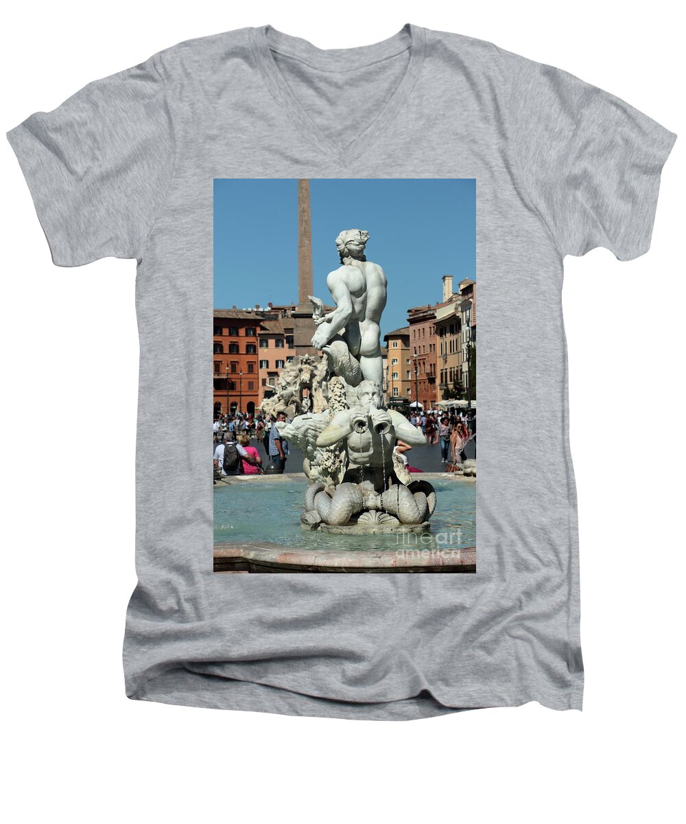 Fountain Moro Piazza-navona Rome Italy Travel Photography Square Plazza Sculpture History Roma  Men's V-Neck T-Shirt featuring the photograph Fontana del Moro by Peter Skelton