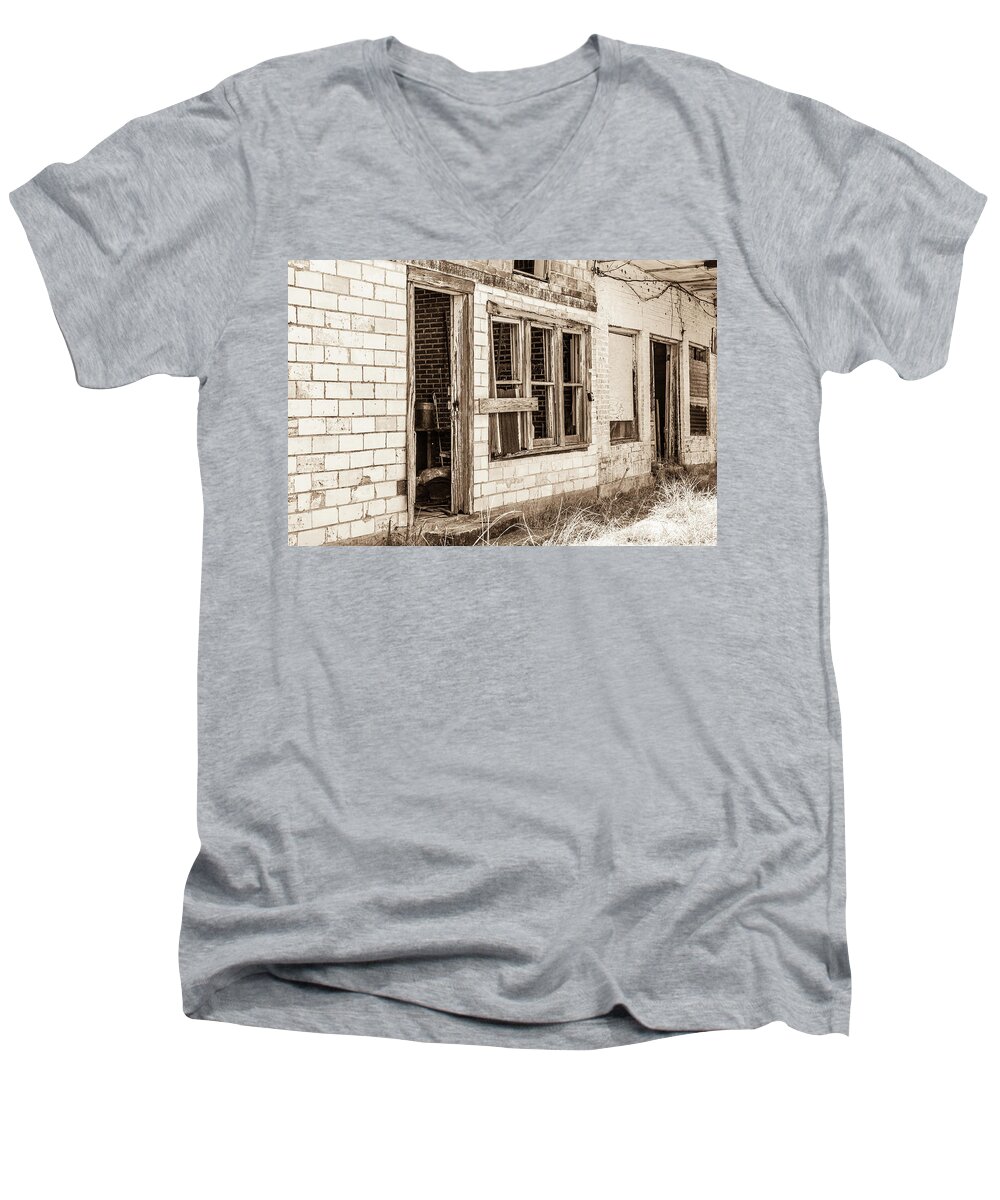 Photo Men's V-Neck T-Shirt featuring the photograph Forgotten store sepia by Jason Hughes