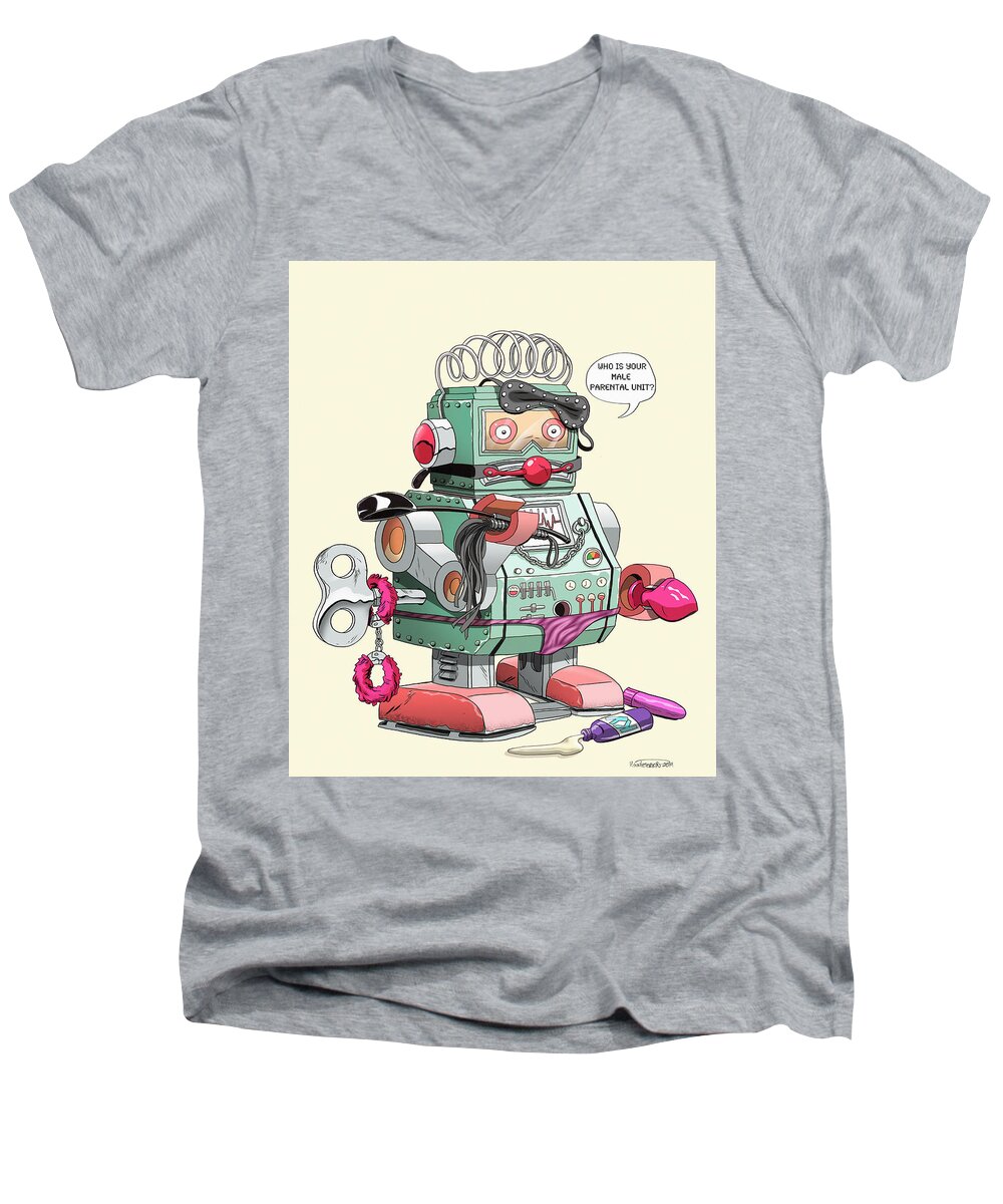 Robot Men's V-Neck T-Shirt featuring the digital art Freak Bot-69,000 by Kynn Peterkin