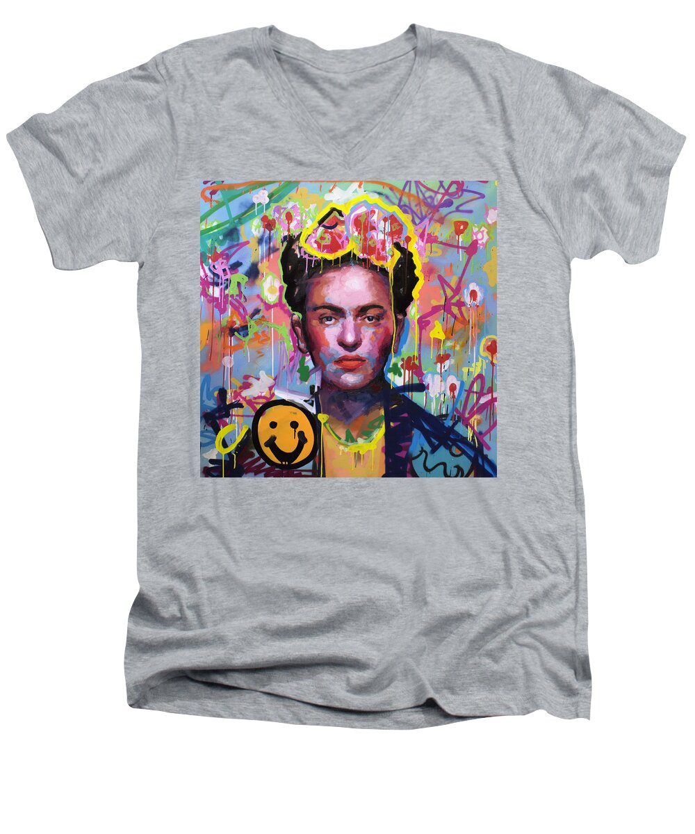 Frida Kahlo Men's V-Neck T-Shirt featuring the painting Frida Kahlo by Richard Day