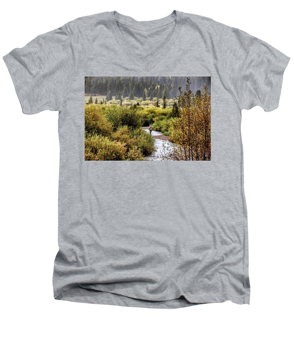 Fly Fishing Men's V-Neck T-Shirt featuring the photograph Fly Fishing in the Rockies by Lynn Sprowl