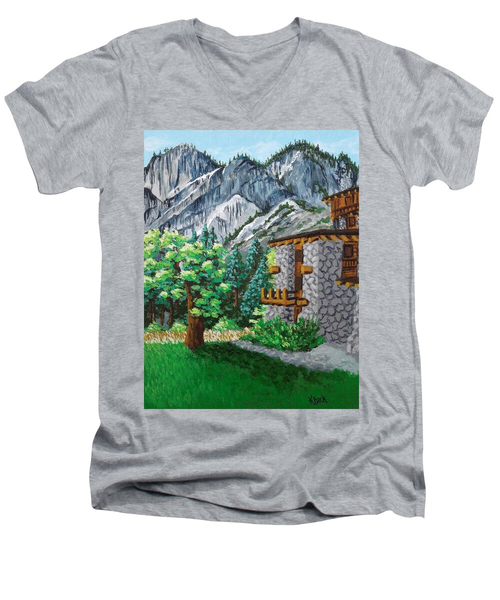 Glacier Men's V-Neck T-Shirt featuring the painting Glacier Point from Ahwahnee now Majestic Hotel, Yosemite, CA by Katherine Young-Beck