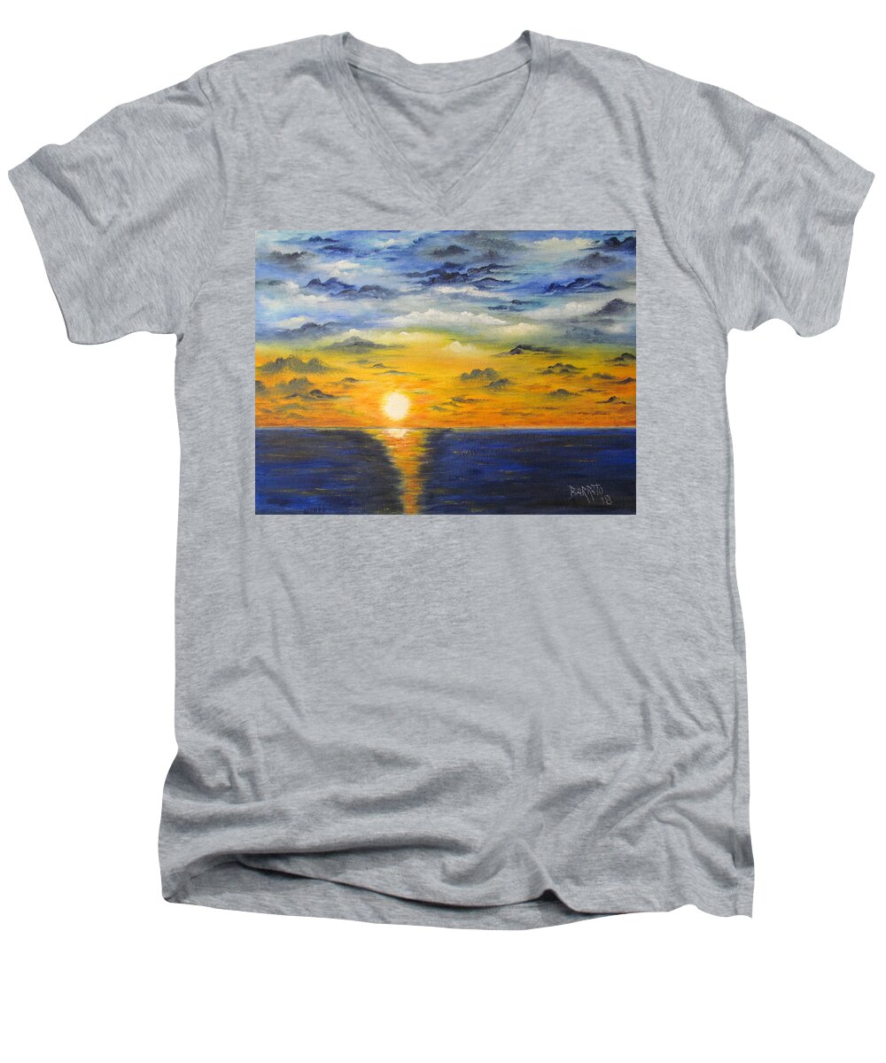 Sunset Men's V-Neck T-Shirt featuring the painting Glowing Sun by Gloria E Barreto-Rodriguez