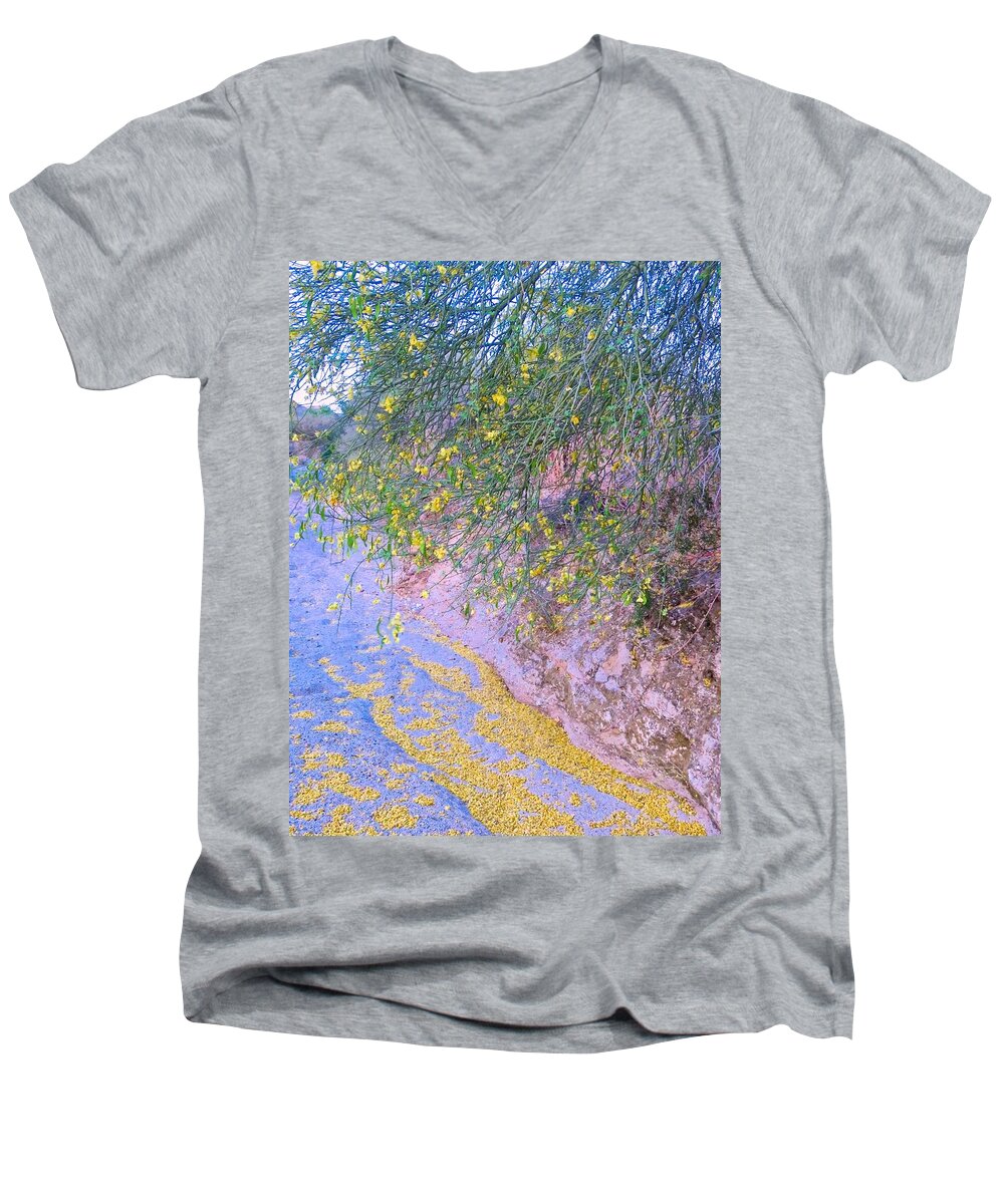 Arizona Men's V-Neck T-Shirt featuring the photograph Golden Petals in a Desert Wash by Judy Kennedy