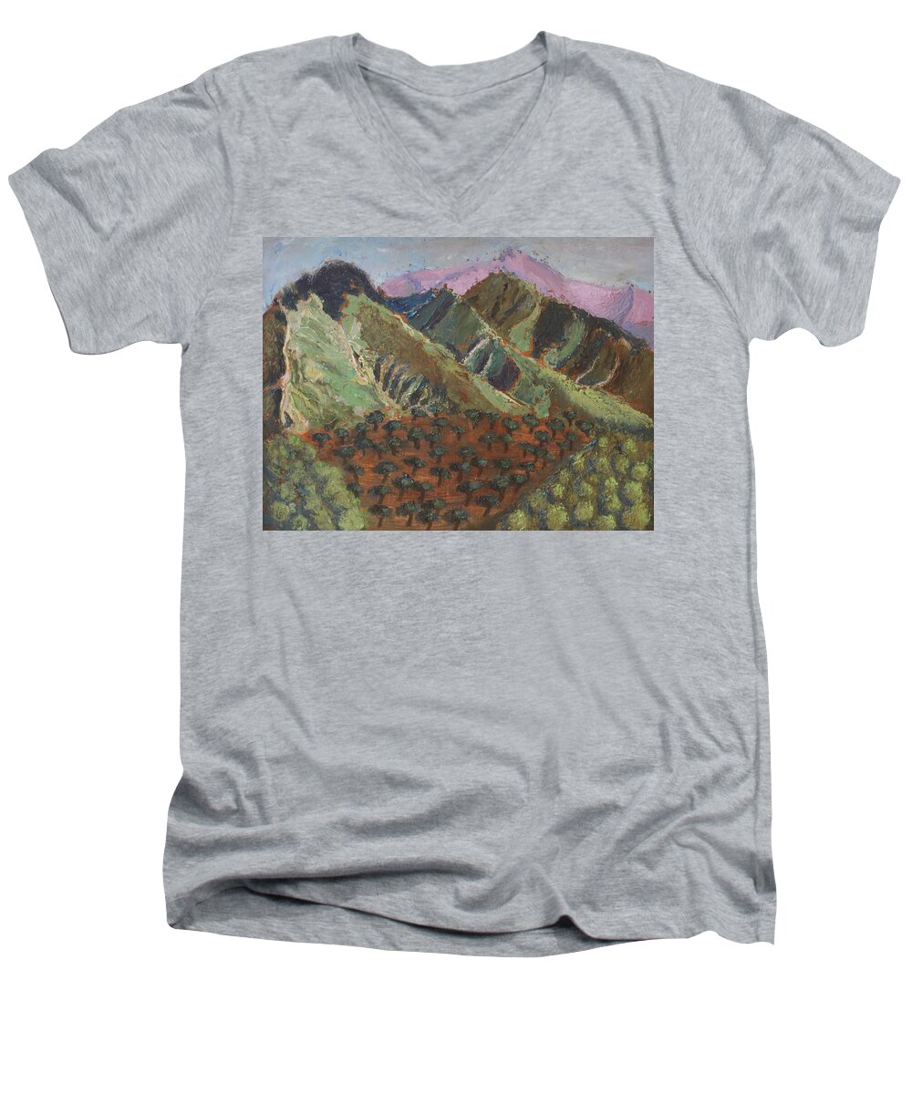 Mountain Men's V-Neck T-Shirt featuring the painting Green Canigou by Vera Smith