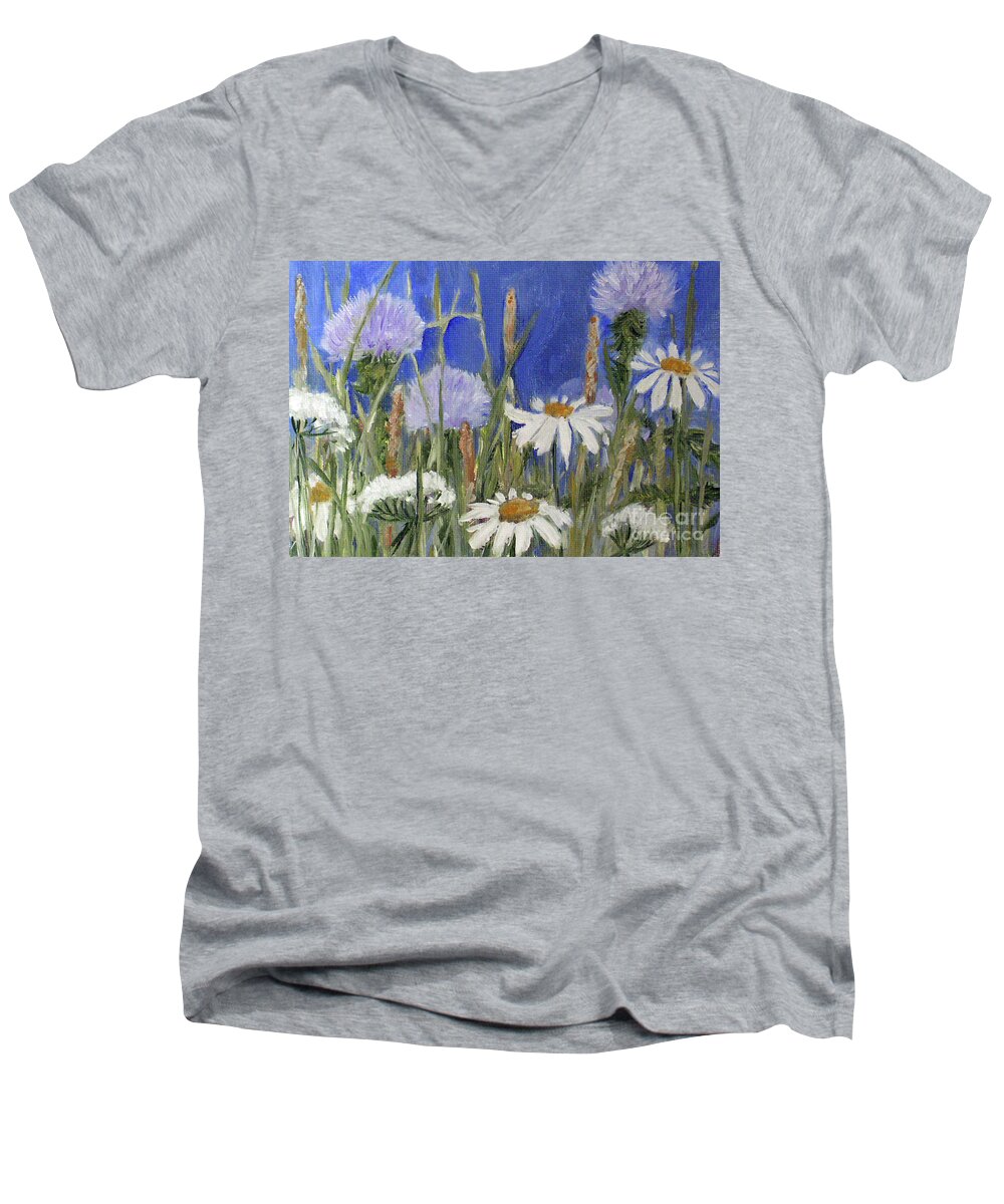 Thistle Men's V-Neck T-Shirt featuring the painting Happy Skies by Laurie Rohner