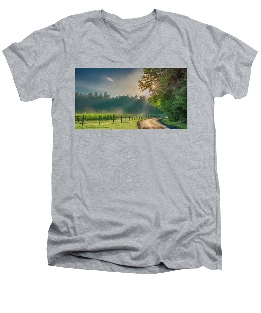 Cades Cove Men's V-Neck T-Shirt featuring the photograph Heavenly Sunlight, Painterly by Marcy Wielfaert