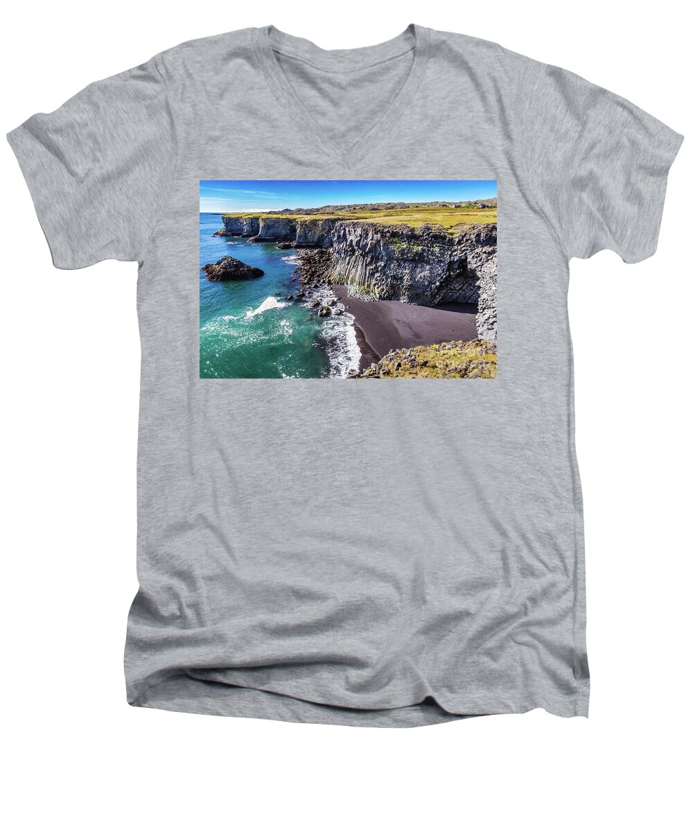 Coast Men's V-Neck T-Shirt featuring the photograph Hellnahraun coast, Iceland by Lyl Dil Creations