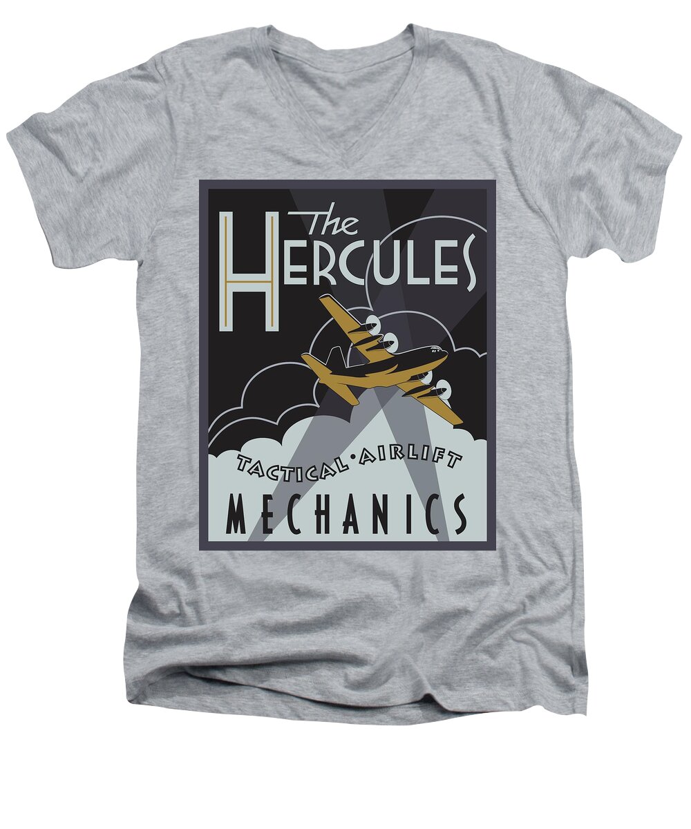 C-130 Men's V-Neck T-Shirt featuring the digital art Herk Deco - Mechanic by Michael Brooks
