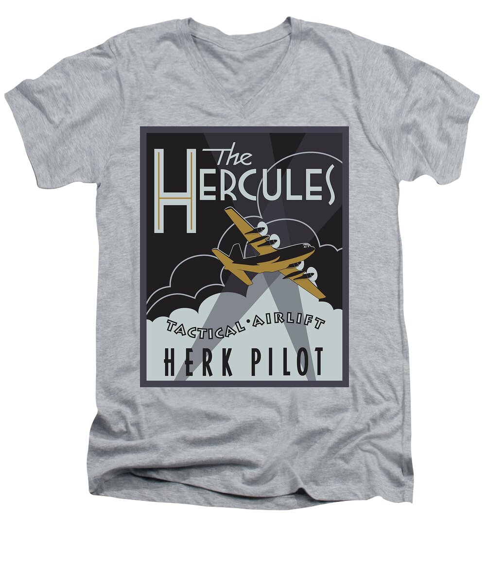 C-130 Men's V-Neck T-Shirt featuring the digital art Herk Deco - Pilot Edition by Michael Brooks