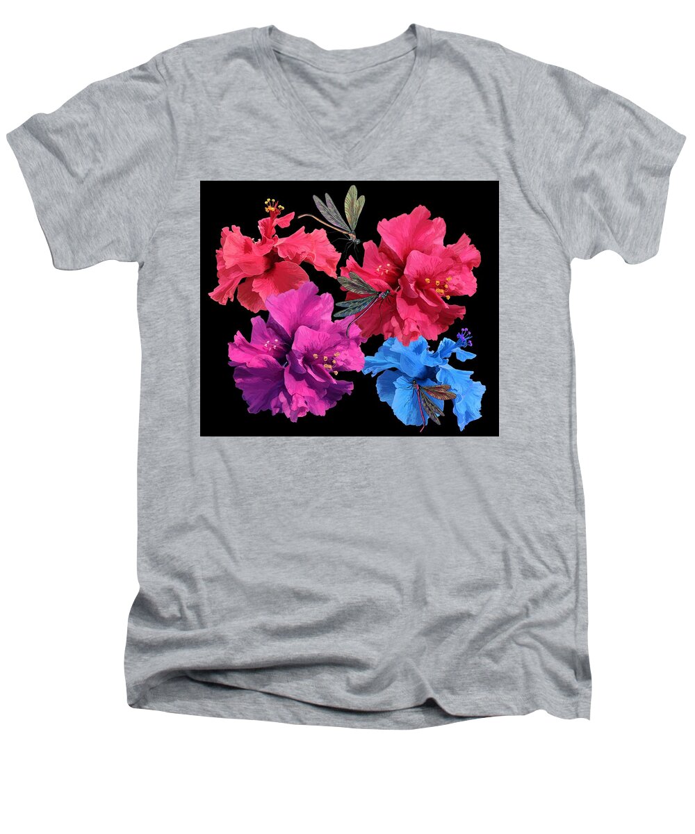 Hibiscus Men's V-Neck T-Shirt featuring the drawing Hibiscus Dragonfly by Joan Stratton