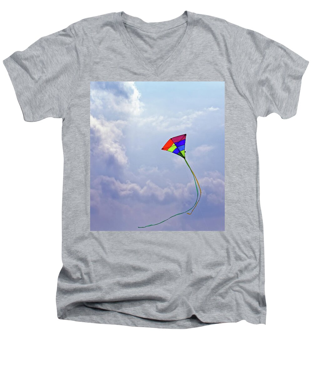 High Flying Swirling Kite Men's V-Neck T-Shirt featuring the photograph High Flying Multicolored Red Yellow Green Blue Purple Triangular Kite Flying Sunny Cloudy Blue Sky by Robert C Paulson Jr