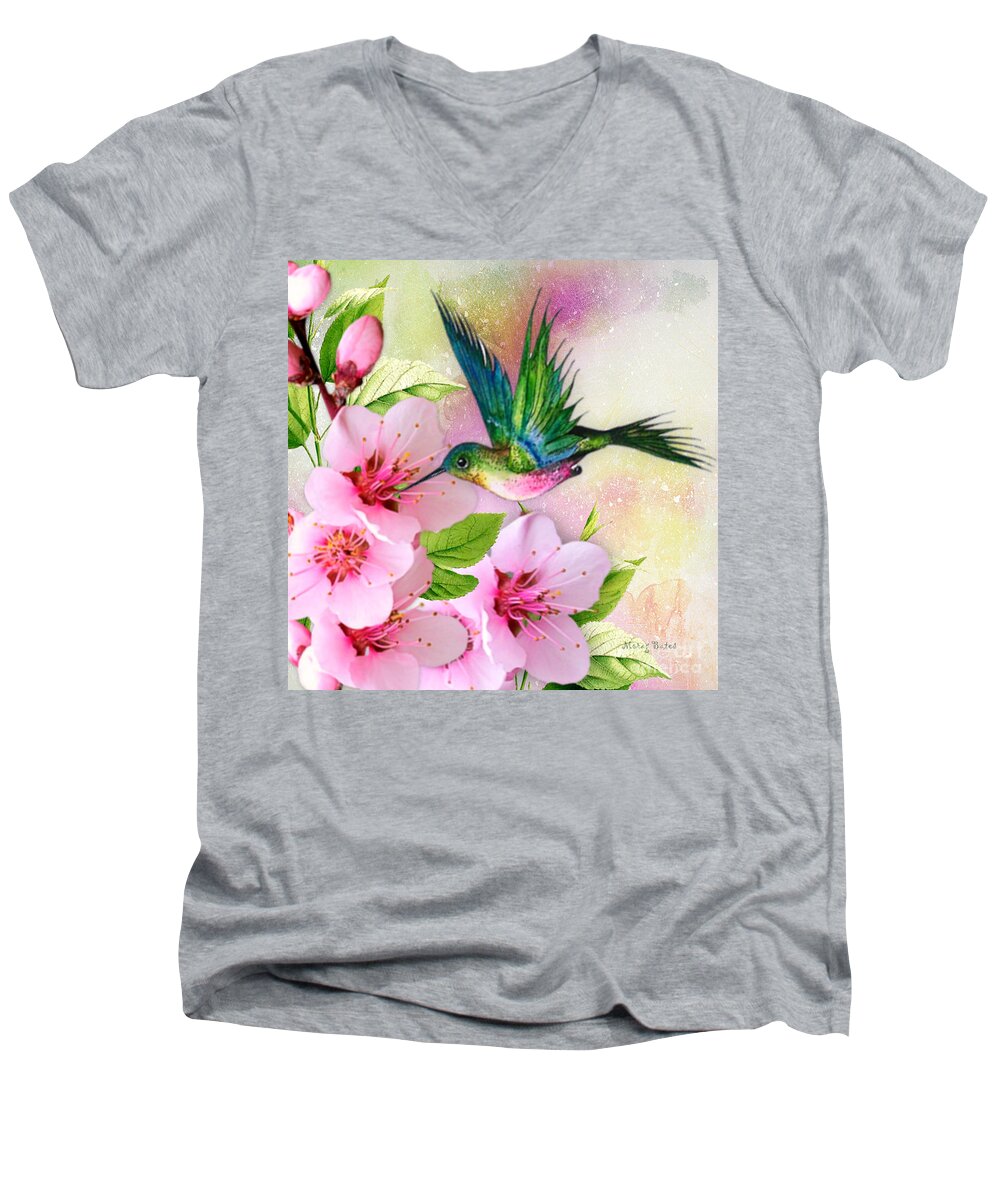 Hummingbird Men's V-Neck T-Shirt featuring the mixed media Hummingbird on Pink Blossom by Morag Bates