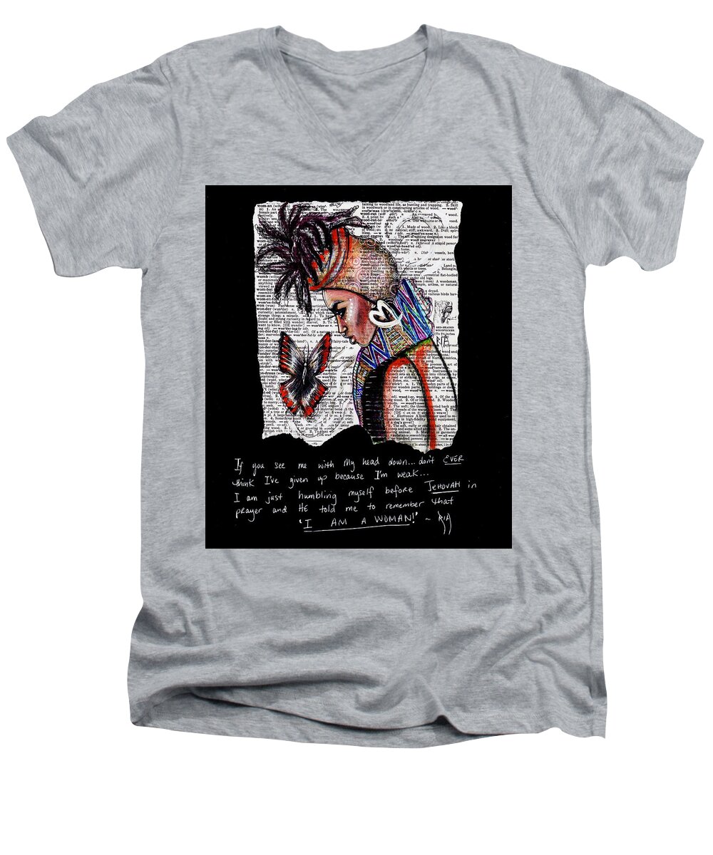 Words Men's V-Neck T-Shirt featuring the drawing I am a Woman by Artist RiA