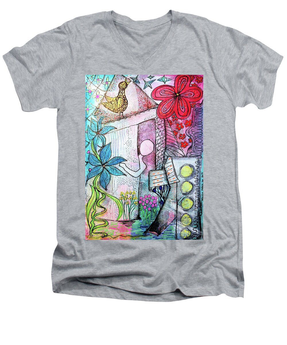 Spring Men's V-Neck T-Shirt featuring the mixed media I Opened the Curtain and there was Spring by Mimulux Patricia No