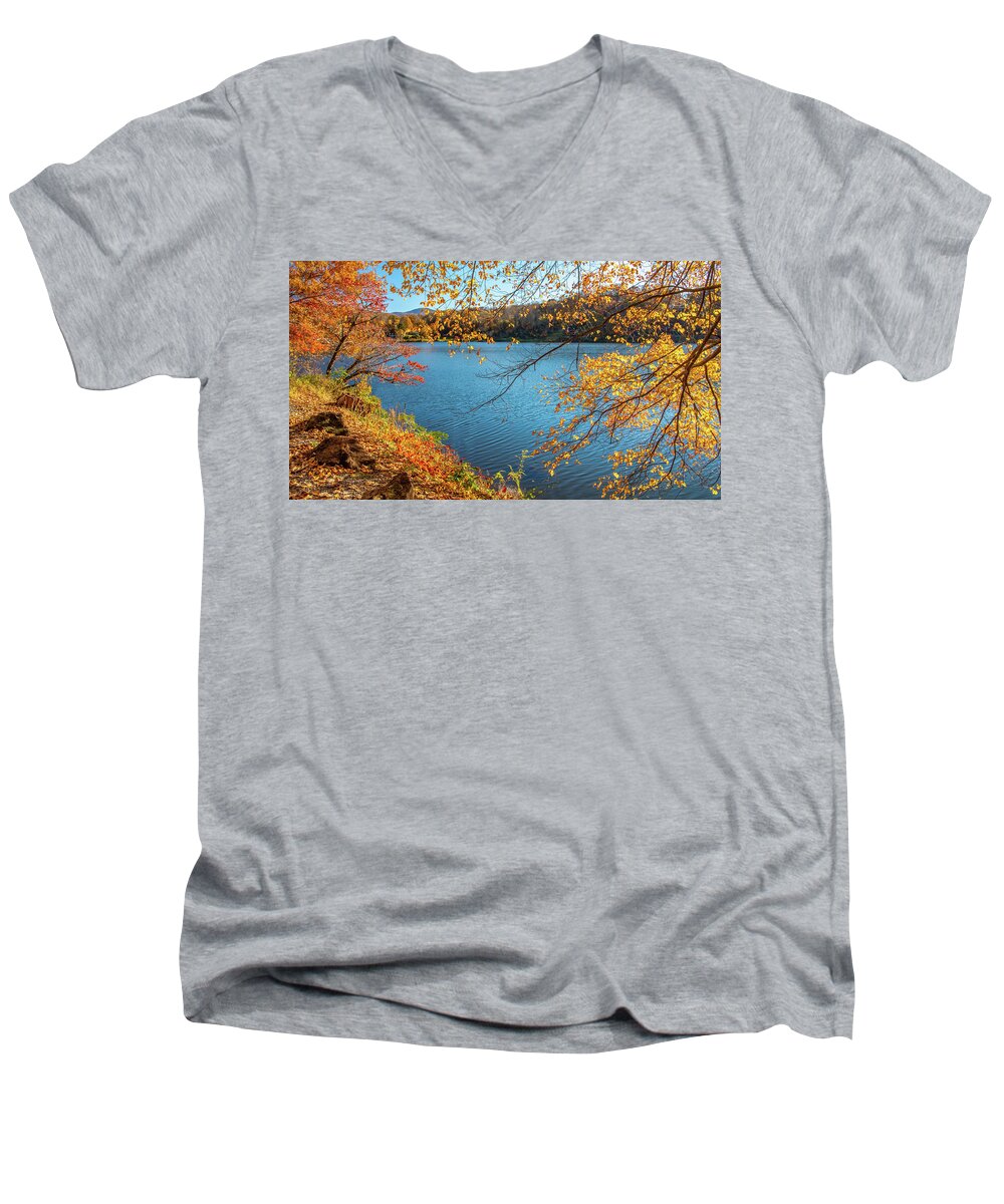 Lake Men's V-Neck T-Shirt featuring the photograph Idyllic Autumn Afternoon by Marcy Wielfaert