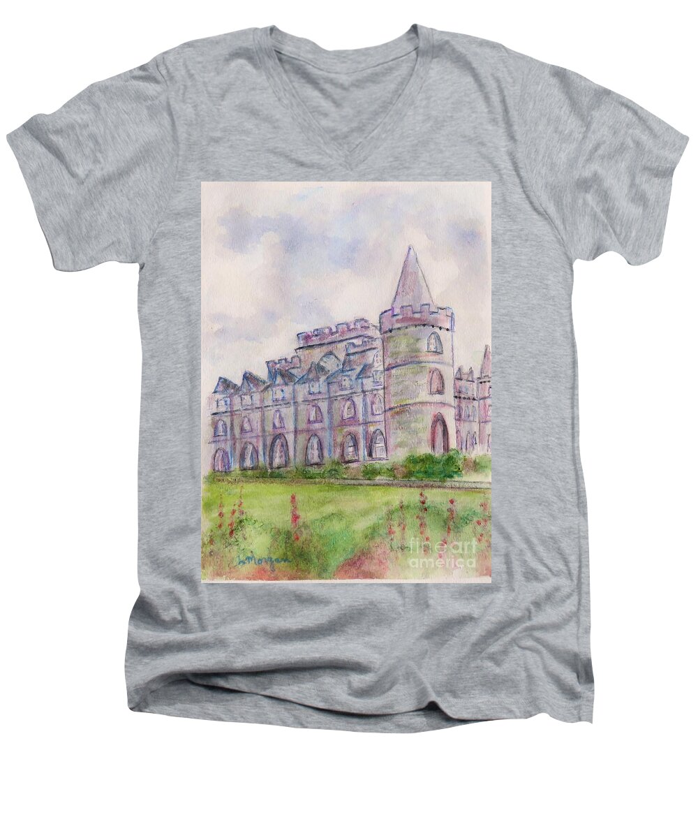 Inverary Men's V-Neck T-Shirt featuring the painting Inverary Castle by Laurie Morgan
